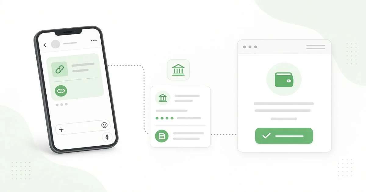 Ilustración de un link de pago enviado por chat desde un celular, una transferencia bancaria en el medio y una página con el pago confirmado