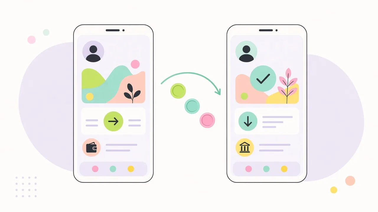 Ilustración de una transferencia bancaria entre dos celulares: el dinero sale desde la app del banco y llega a la cuenta de otra persona