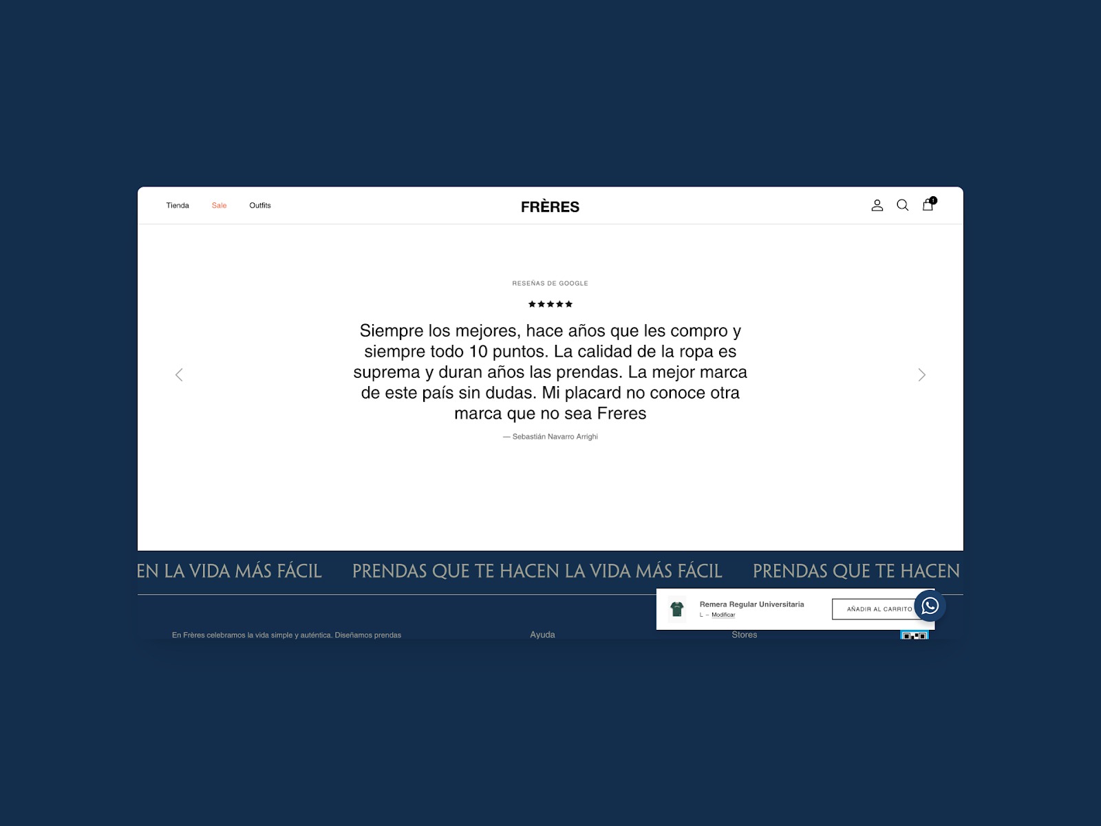 Testimonios de clientes visibles en la tienda Frères